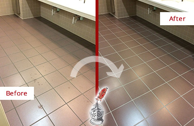 Before and After Picture of a Stafford Restrooms Tile and Grout Cleaned to Remove Embedded Dirt