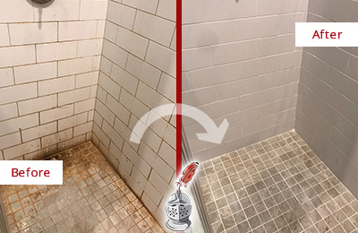 Before and After Picture of a Beasley Shower Tile and Grout Cleaned to Eliminate Mold and Stains