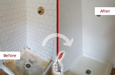 Sir Grout Cleans this Brookshire Shower Tile and Grout to Remove Soap Scum Before and After Picture of a Brookshire Shower Tile and Grout Cleaned to Remove Soap Scum