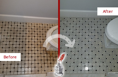 Sir Grout Cleans this Brookshire Bathroom Tile and Grout Cleaned to Remove Stains Before and After Picture of a Brookshire Bathroom Tile and Grout Cleaned to Remove Stains