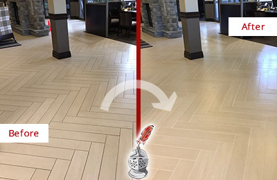 Before and After Picture of a Texas City Office Floor Tile and Grout Cleaned to Remove Stains