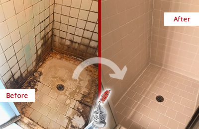 Before and After Picture of a High Island Shower Tile and Grout Cleaned to Repair Water Damage