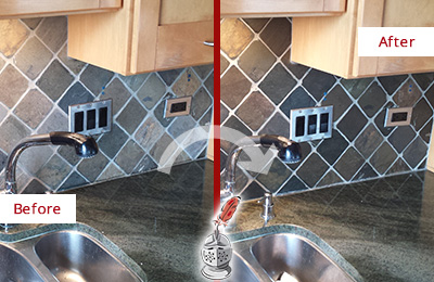 Sir Grout Caulks this Fulshear Backsplash Caulked to Fix and Prevent Water Leaks Before and After Picture of a Fulshear Backsplash Caulked to Fix and Prevent Water Leaks