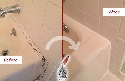 Before and After Picture of a League City Bathroom Sink Caulked to Fix a DIY Proyect Gone Wrong