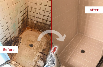 Sir Grout Caulks this Fulshear Shower to Fix and Prevent Water Damage Before and After Picture of a Fulshear Shower Caulked to Fix and Prevent Water Damage