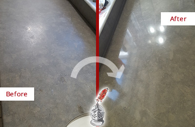 Before and After Picture of a Dull League City Limestone Countertop Polished to Recover Its Color