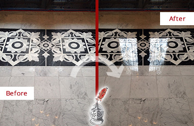 Before and After Picture of a San Leon Marble Stone Floor Polished to a Mirror Shine