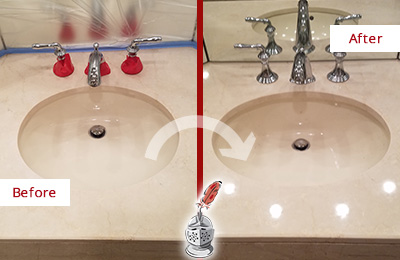 Sir Grout Polishes this Dull Houston Marble Stone Vanity Top to Bring-Back Its Sheen Before and After Picture of a Dull Houston Marble Stone Vanity Top Polished to Bring-Back Its Sheen