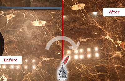 Before and After Picture of a Texas City Marble Stone Countertop Polished to Eliminate Stains