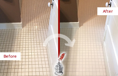 Before and After Picture of a Missouri City Bathroom Floor Sealed to Protect Against Liquids and Foot Traffic