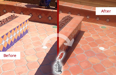 Sir Grout Seals this Dull East Bernard Terracotta Patio Floor For UV Protection Before and After Picture of a Dull East Bernard Terracotta Patio Floor Sealed For UV Protection