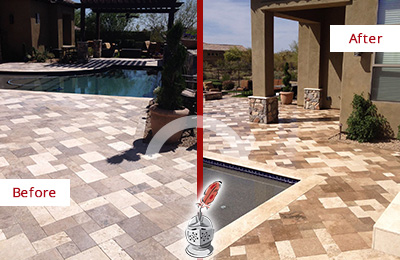 Sir Grout Seals this Faded East Bernard Travertine Pool Deck For Extra Protection Before and After Picture of a Faded East Bernard Travertine Pool Deck Sealed For Extra Protection