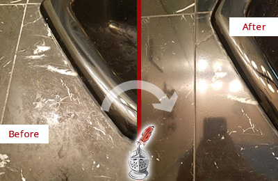 Before and After Picture of a Orchard Marble Countertop Cleaned to Remove Deep Dirt