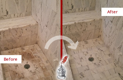 Sir Grout Cleans this Dirty Pinehurst Marble Shower to Eliminate Dark Stains Before and After Picture of a Dirty Pinehurst Marble Shower Cleaned to Eliminate Dark Stains