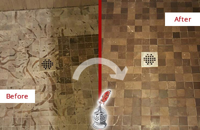 Sir Grout Cleans this Stained Pinehurst Shower Marble Floor to Remove Etch Marks Before and After Picture of a Stained Pinehurst Marble Shower Floor Cleaned to Remove Etching
