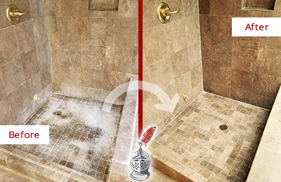 Sir Grout Cleans this Pinehurst Travertine Shower to Eliminate Water Spots Before and After Picture of a Pinehurst Travertine Shower Cleaned to Eliminate Water Spots