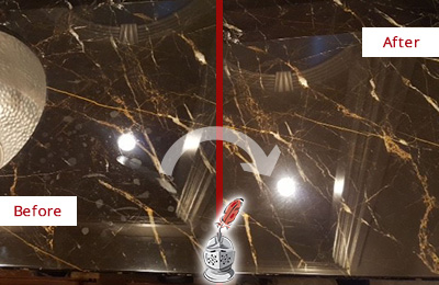 Sir Grout Cleans this Pinehurst Marble Countertop to Remove Water Spots Before and After Picture of a Pinehurst Marble Countertop Cleaned to Remove Water Spots