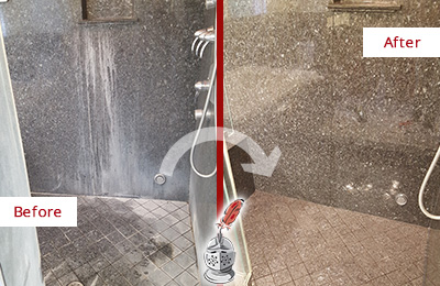 Before and After Picture of a San Leon Granite Shower Stone Sealed to Avoid Mineral Deposits
