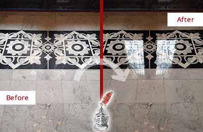 Sir Grout Seals the Stone of this Pinehurst Marble Floor to Recover Its Sheen Before and After Picture of a Pinehurst Marble Stone Sealed to Recover Its Sheen