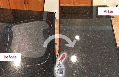 Sir Grout Hones this Kemah Granite Kitchen Countertop to Eliminate Scratch Before and After Picture of a Kemah Granite Kitchen Countertop Honed to Eliminate Scratch