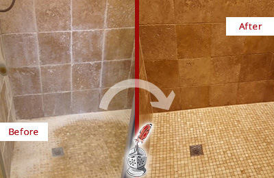 Before and After Picture of a League City Travertine Shower Honed to Remove Mineral Deposits