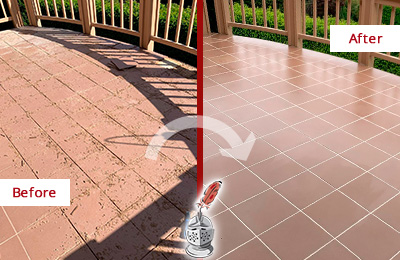 Before and After Picture of a Tiki Island Hard Surface Restoration Service on a Tiled Deck