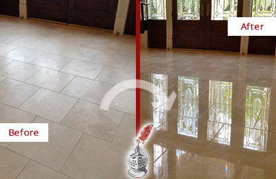 Sir Grout Restored This Pearland Dull Travertine Floor to Recover Its Splendor with a Stone Polishing Service Before and After Picture of a Pearland Hard Surface Restoration Service on a Dull Travertine Floor Polished to Recover Its Splendor