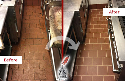 Before and After Picture of a Damon Hard Surface Restoration Service on a Restaurant Kitchen Floor to Eliminate Soil and Grease Build-Up