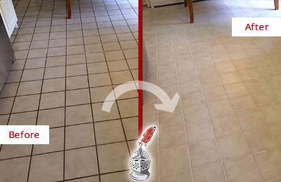 Sir Grout Recolors this Pinehurst Kitchen Tile Floor's Grout Before and After Picture of a Pinehurst Kitchen Tile Floor with Recolored Grout