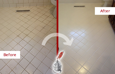 Before and After Picture of a La Marque White Bathroom Floor Grout Sealed for Extra Protection